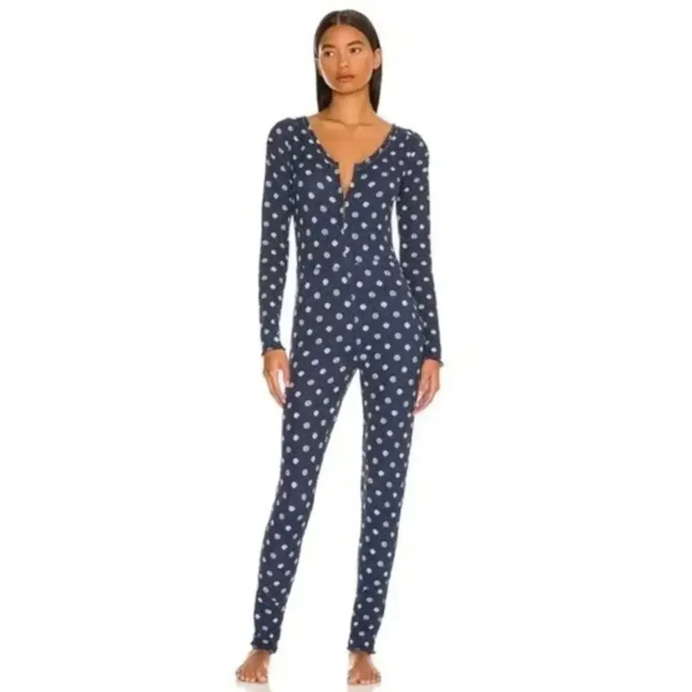 NEW Free People Home Alone Long John Deep Navy Med Comfy Cozy Lounge Ruffle Hem